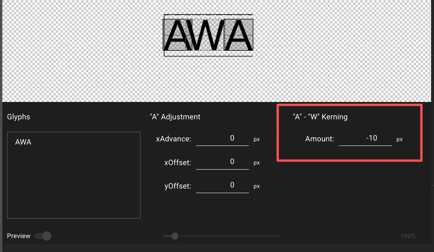 Adjusting the kerning value for the &#x27;AW&#x27; pair